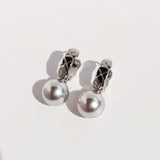 Gold Plated Diamond-Pattern Hoop Silver Gray & White Pearl Earrings, Daily Wear, Lady Fashion Jewelry AL1044