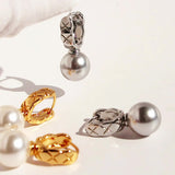 Gold Plated Diamond-Pattern Hoop Silver Gray & White Pearl Earrings, Daily Wear, Lady Fashion Jewelry AL1044