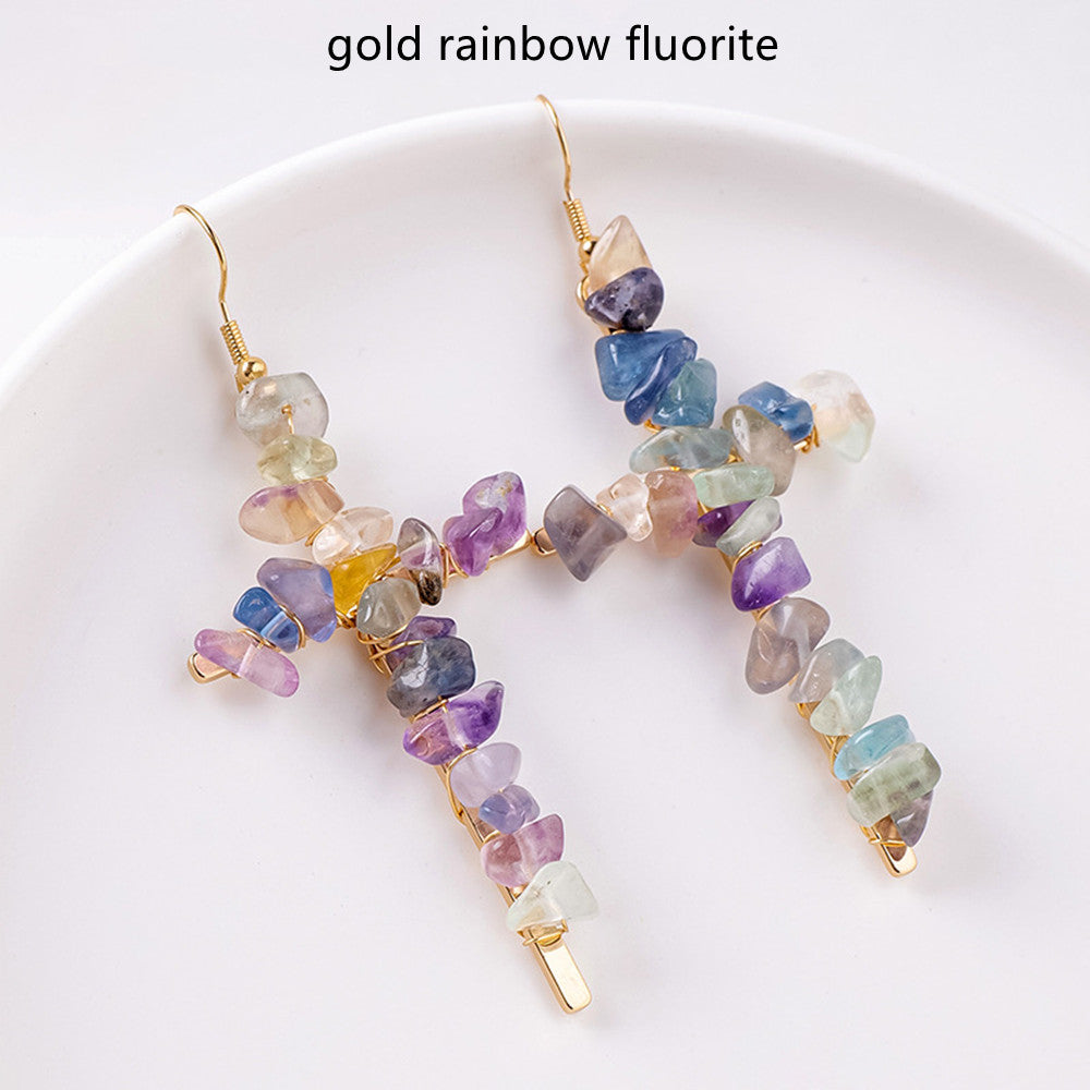 Rainbow Natural Stone Chips Beaded Cross Earrings, Handmade Boho Jewelry Earring AL1047