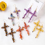 Rainbow Natural Stone Chips Beaded Cross Earrings, Handmade Boho Jewelry Earring AL1047