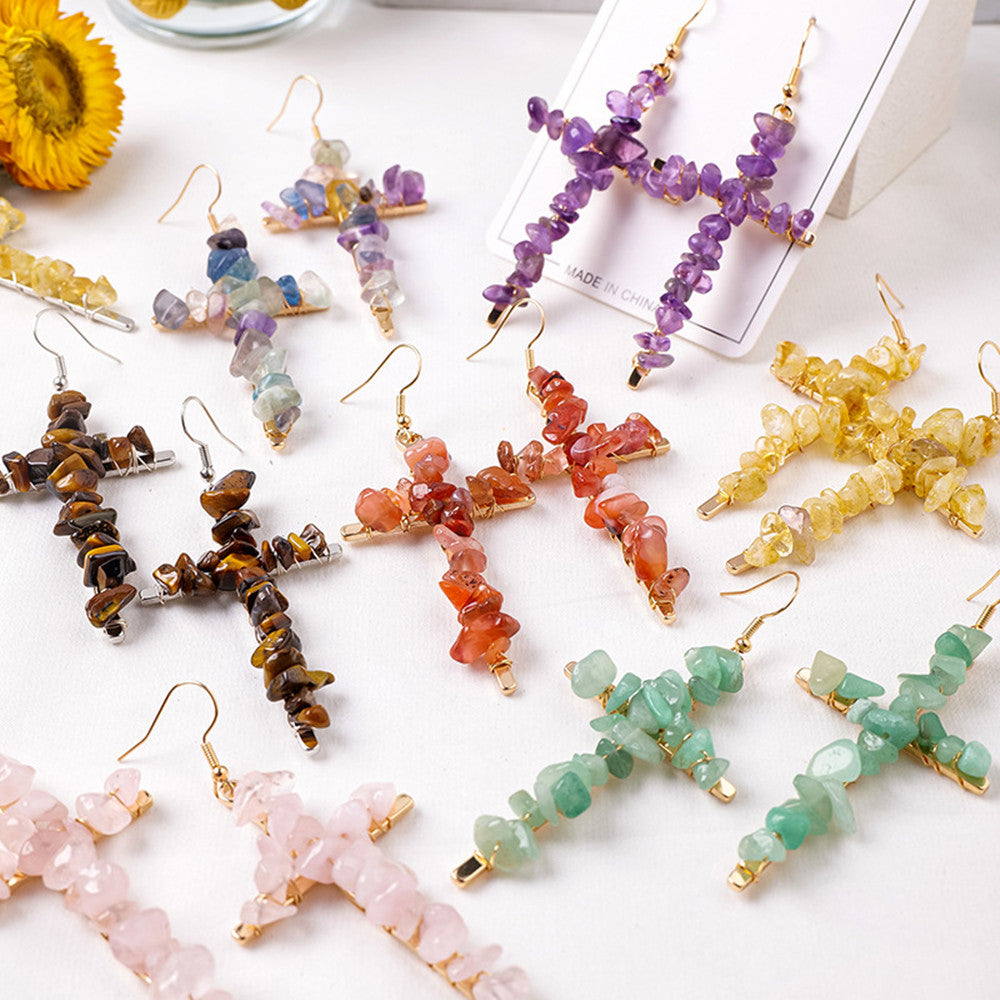 Rainbow Natural Stone Chips Beaded Cross Earrings, Handmade Boho Jewelry Earring AL1047