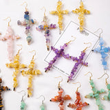 Rainbow Natural Stone Chips Beaded Cross Earrings, Handmade Boho Jewelry Earring AL1047