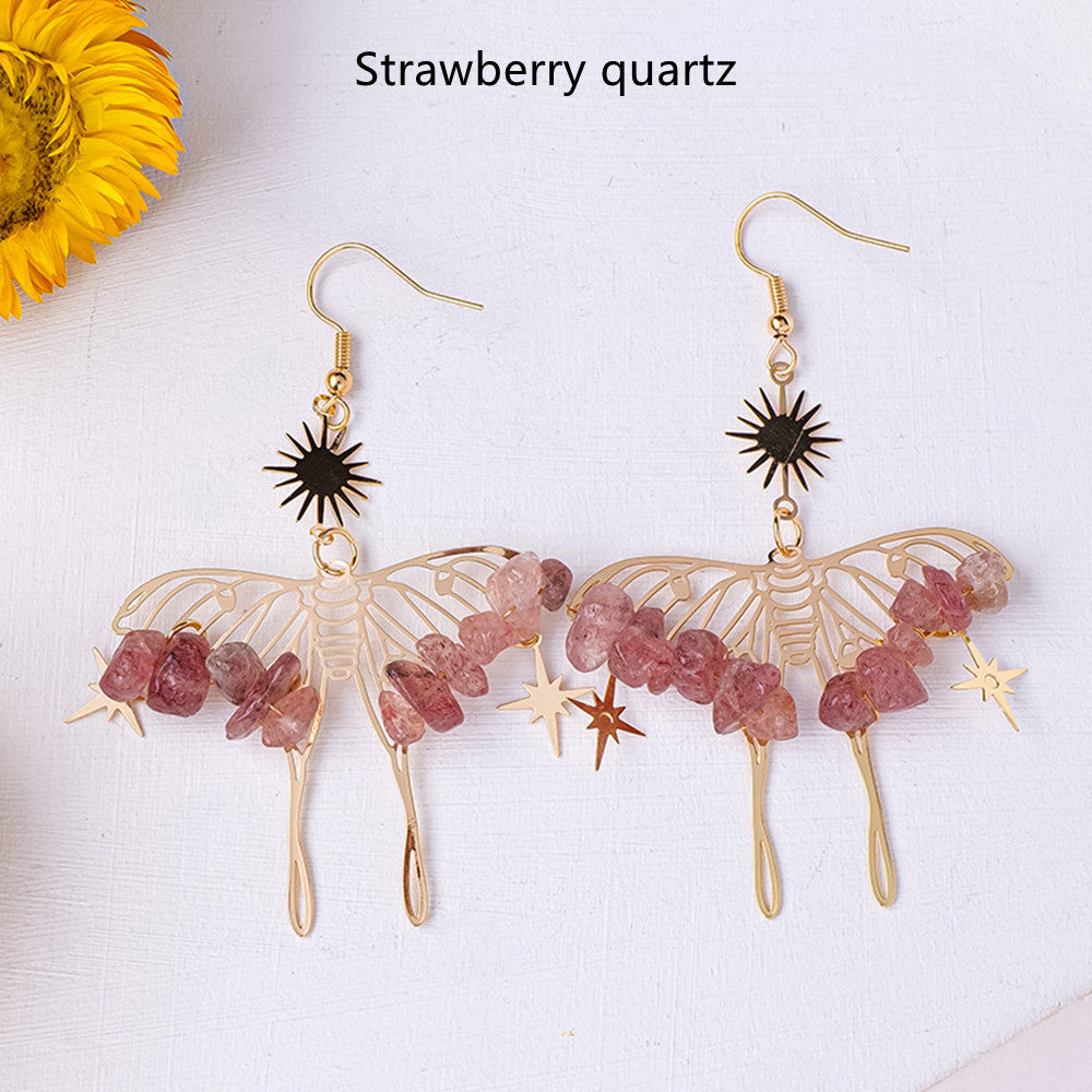 Rainbow Natural Crystal Stone Chips Beaded Butterfly Earrings, Bohemian Hollow Dangle Earrings AL1048