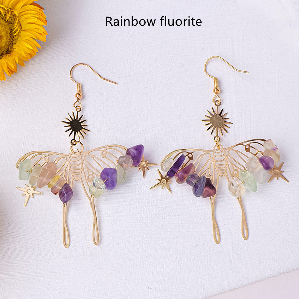 Rainbow Natural Crystal Stone Chips Beaded Butterfly Earrings, Bohemian Hollow Dangle Earrings AL1048