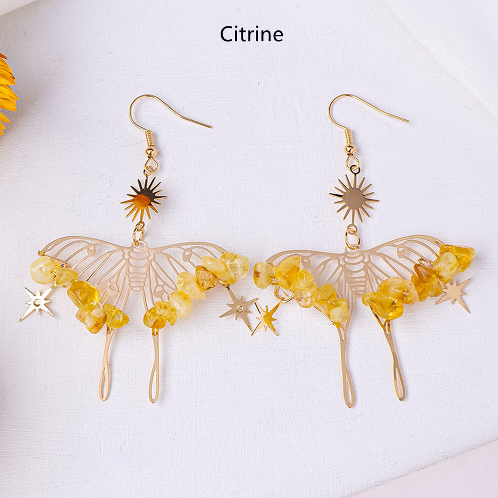 Rainbow Natural Crystal Stone Chips Beaded Butterfly Earrings, Bohemian Hollow Dangle Earrings AL1048