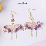 Rainbow Natural Crystal Stone Chips Beaded Butterfly Earrings, Bohemian Hollow Dangle Earrings AL1048