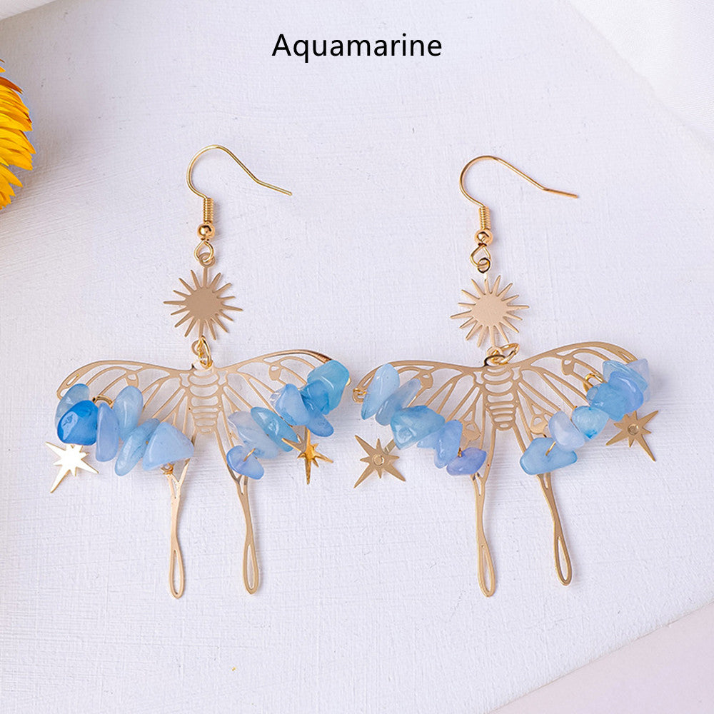 Rainbow Natural Crystal Stone Chips Beaded Butterfly Earrings, Bohemian Hollow Dangle Earrings AL1048