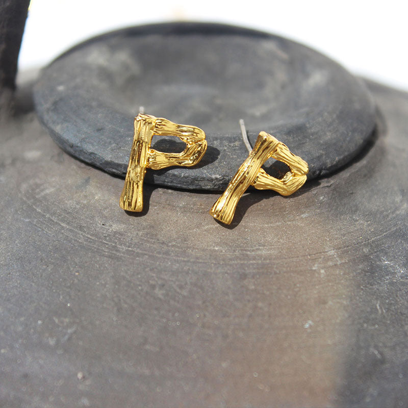 Gold Plated Letter Studs, 925 Sterling Post, Letter Bamboo Stud Earrings, Simple Fashion Jewelry AL1049