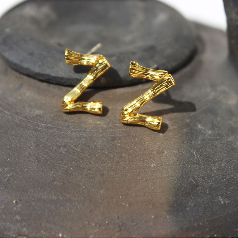 Gold Plated Letter Studs, 925 Sterling Post, Letter Bamboo Stud Earrings, Simple Fashion Jewelry AL1049