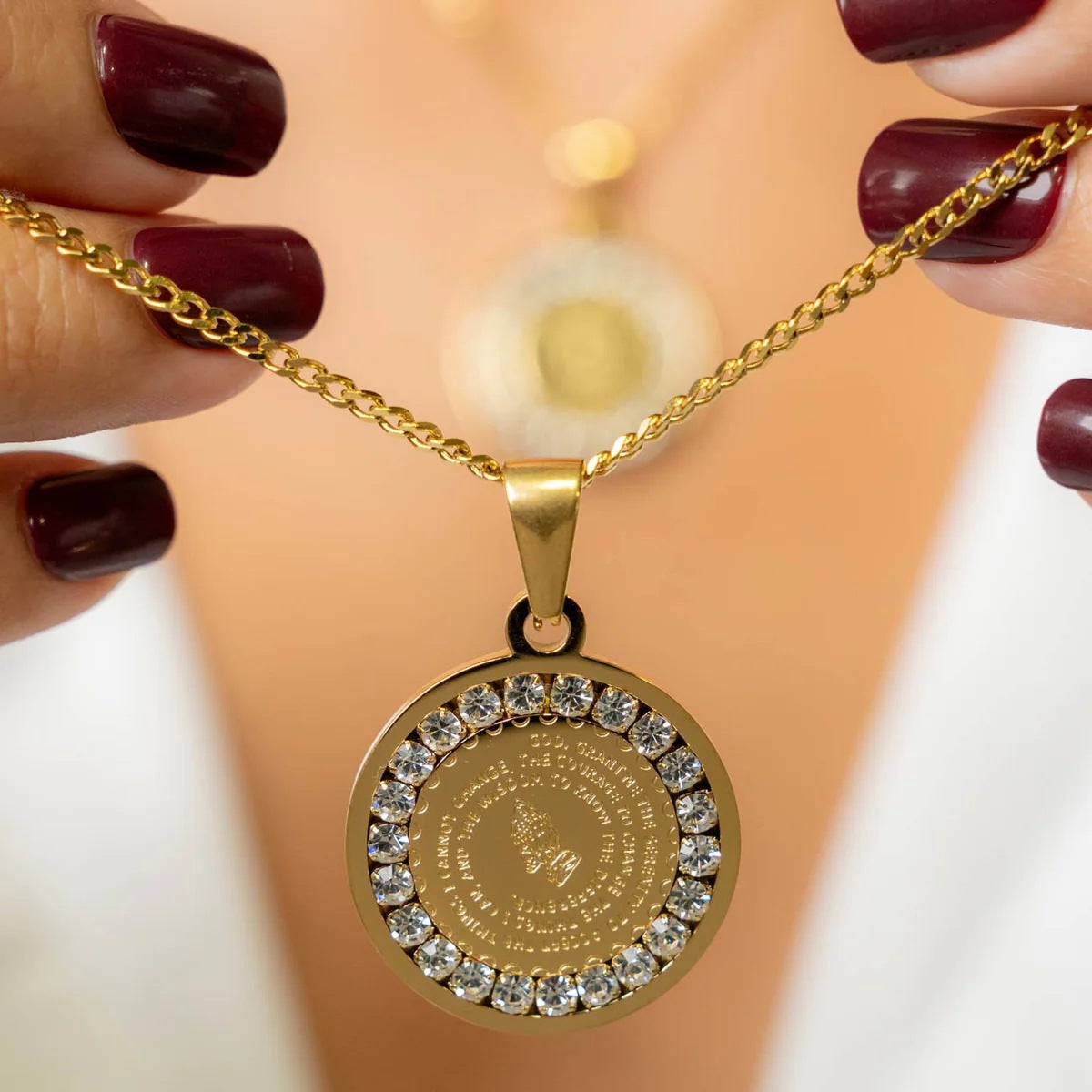 18" Gold Zircon Round Pendant Necklace, Waterproof Jewelry, No Tarnish PVD Stainless Steel Women's Necklace AL1050