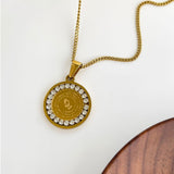 18" Gold Zircon Round Pendant Necklace, Waterproof Jewelry, No Tarnish PVD Stainless Steel Women's Necklace AL1050