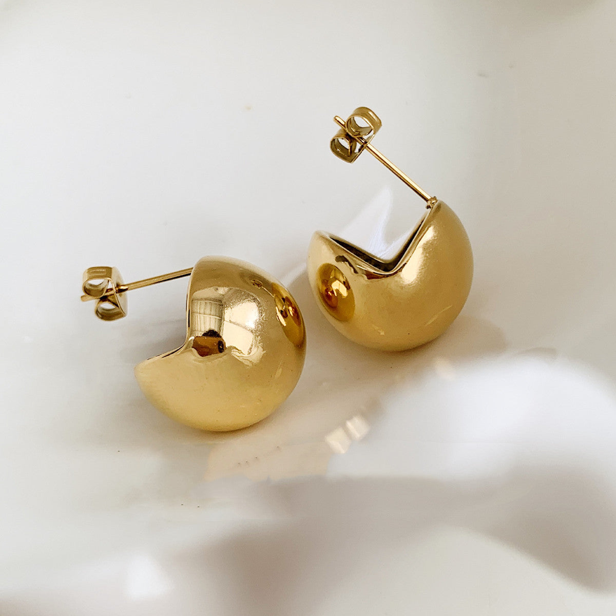 Gold Plated Big Ball Earrings, Half Round Studs, Minimalist Post Earrings, Stainless Steel Waterproof Jewelry AL1051