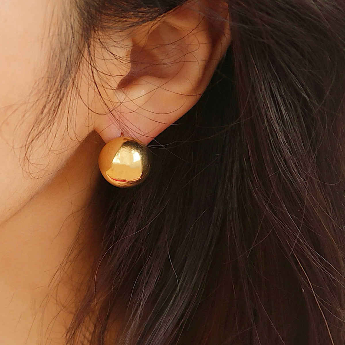 Gold Plated Big Ball Earrings, Half Round Studs, Minimalist Post Earrings, Stainless Steel Waterproof Jewelry AL1051