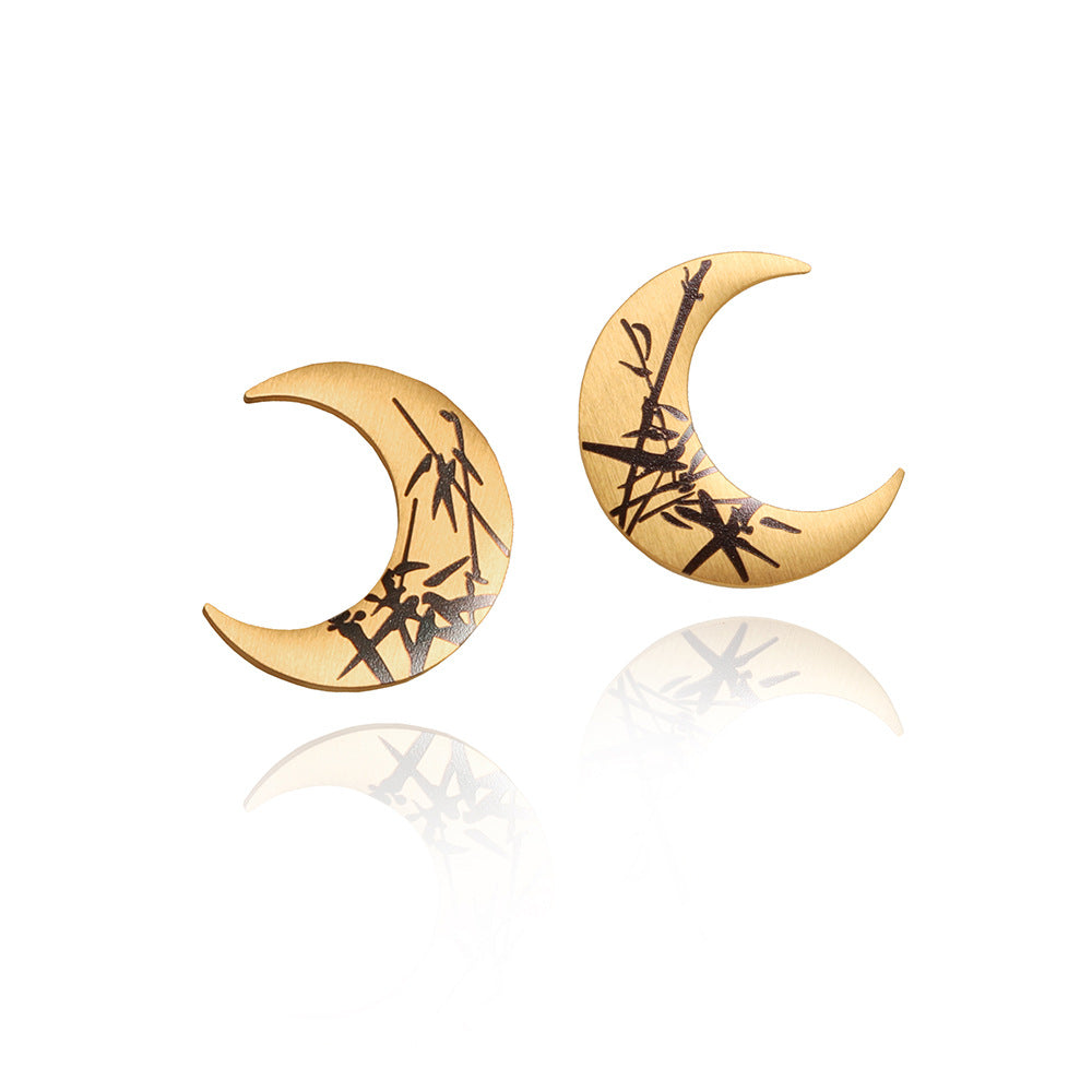 Gold Plated Crescent Moon Stud Earrings, Bamboo Shadow, Stainless Steel Waterproof Jewelry AL1053