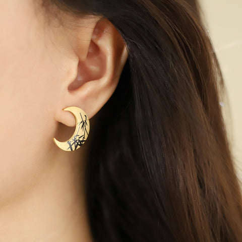 Gold Plated Crescent Moon Stud Earrings, Bamboo Shadow, Stainless Steel Waterproof Jewelry AL1053