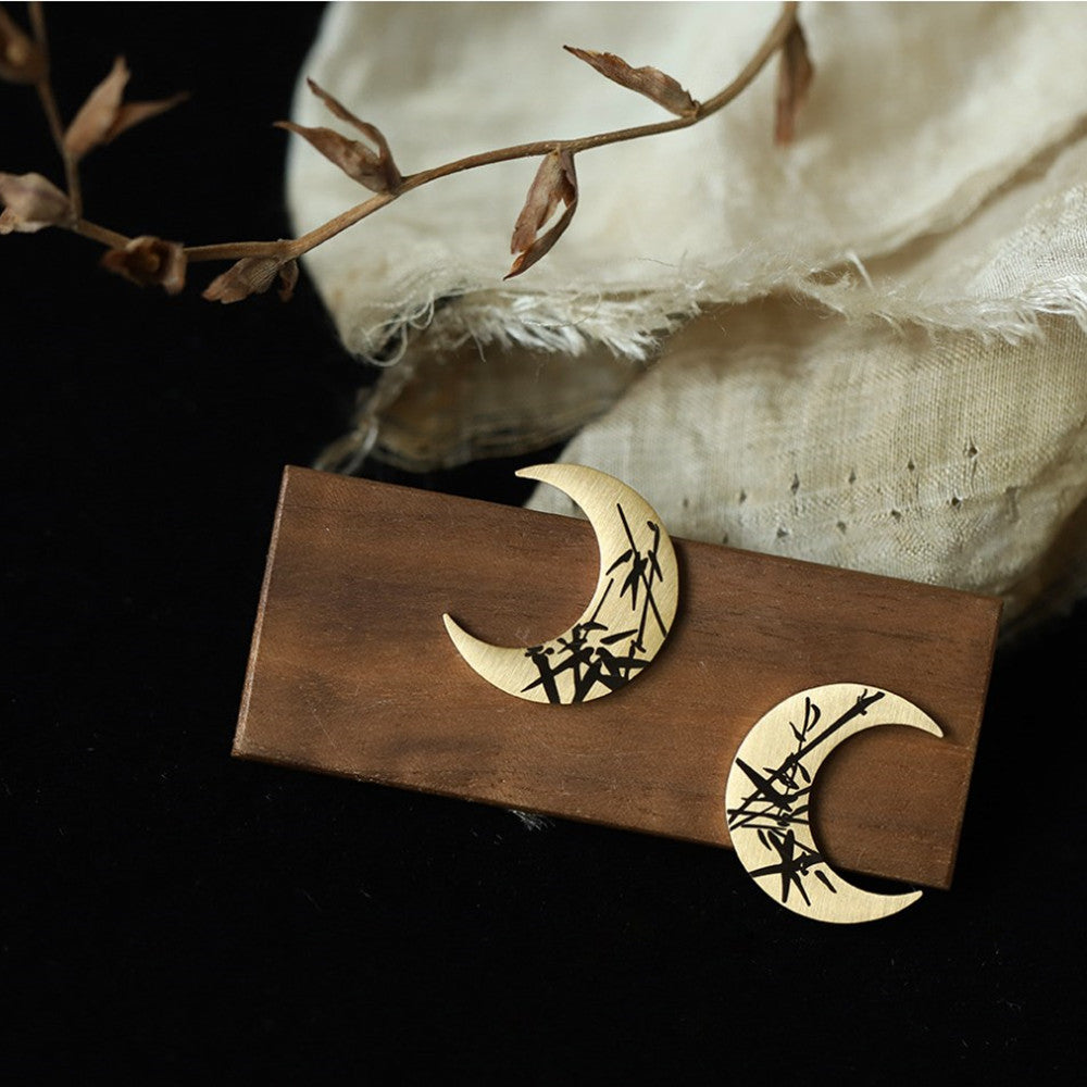 Gold Plated Crescent Moon Stud Earrings, Bamboo Shadow, Stainless Steel Waterproof Jewelry AL1053