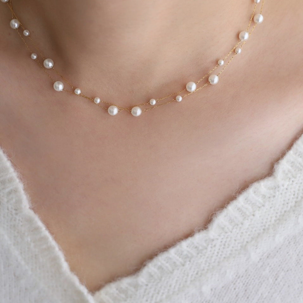 16" Big & Small White Pearl Beads Twist Double-Layer Rosary Necklace, Stainless Steel Bridesmaid Jewelry Necklace AL1056