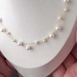 16" Big & Small White Pearl Beads Twist Double-Layer Rosary Necklace, Stainless Steel Bridesmaid Jewelry Necklace AL1056