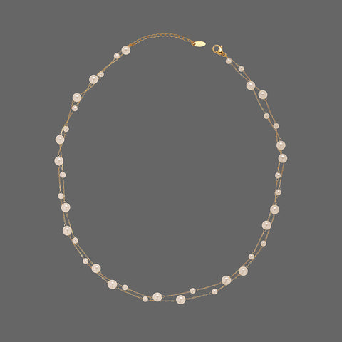 16" Big & Small White Pearl Beads Twist Double-Layer Rosary Necklace, Stainless Steel Bridesmaid Jewelry Necklace AL1056