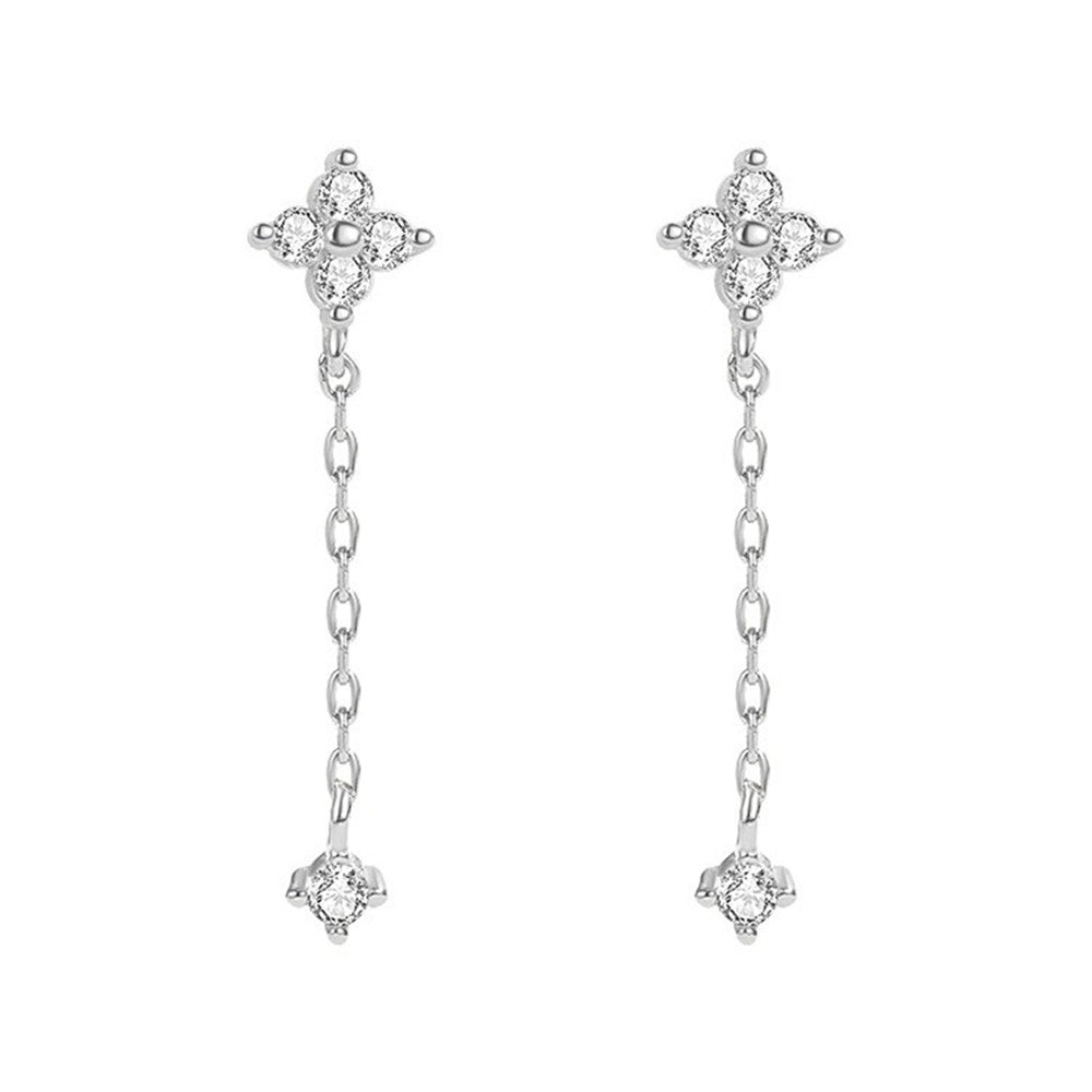 Four Leaf Clover Tassel CZ Studs Zircon Earring, S925 Sterling Silver Post, Fashion Dangle Earrings AL1060