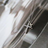 16" Silver Zircon Cross With Small Cross Pendant Necklace, Titanium Steel CZ Micro Pave Cross Necklace AL1061