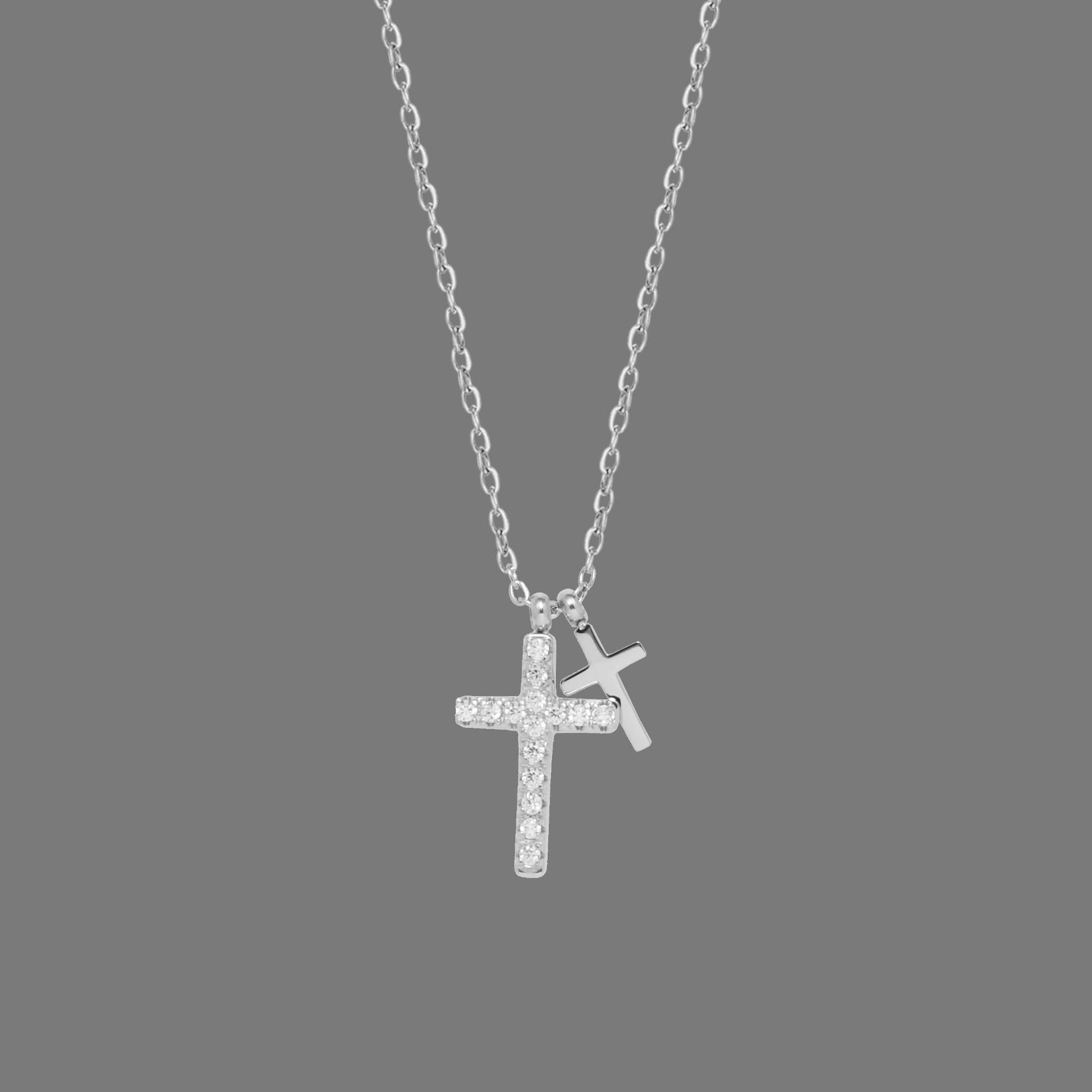 16" Silver Zircon Cross With Small Cross Pendant Necklace, Titanium Steel CZ Micro Pave Cross Necklace AL1061