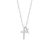 16" Silver Zircon Cross With Small Cross Pendant Necklace, Titanium Steel CZ Micro Pave Cross Necklace AL1061