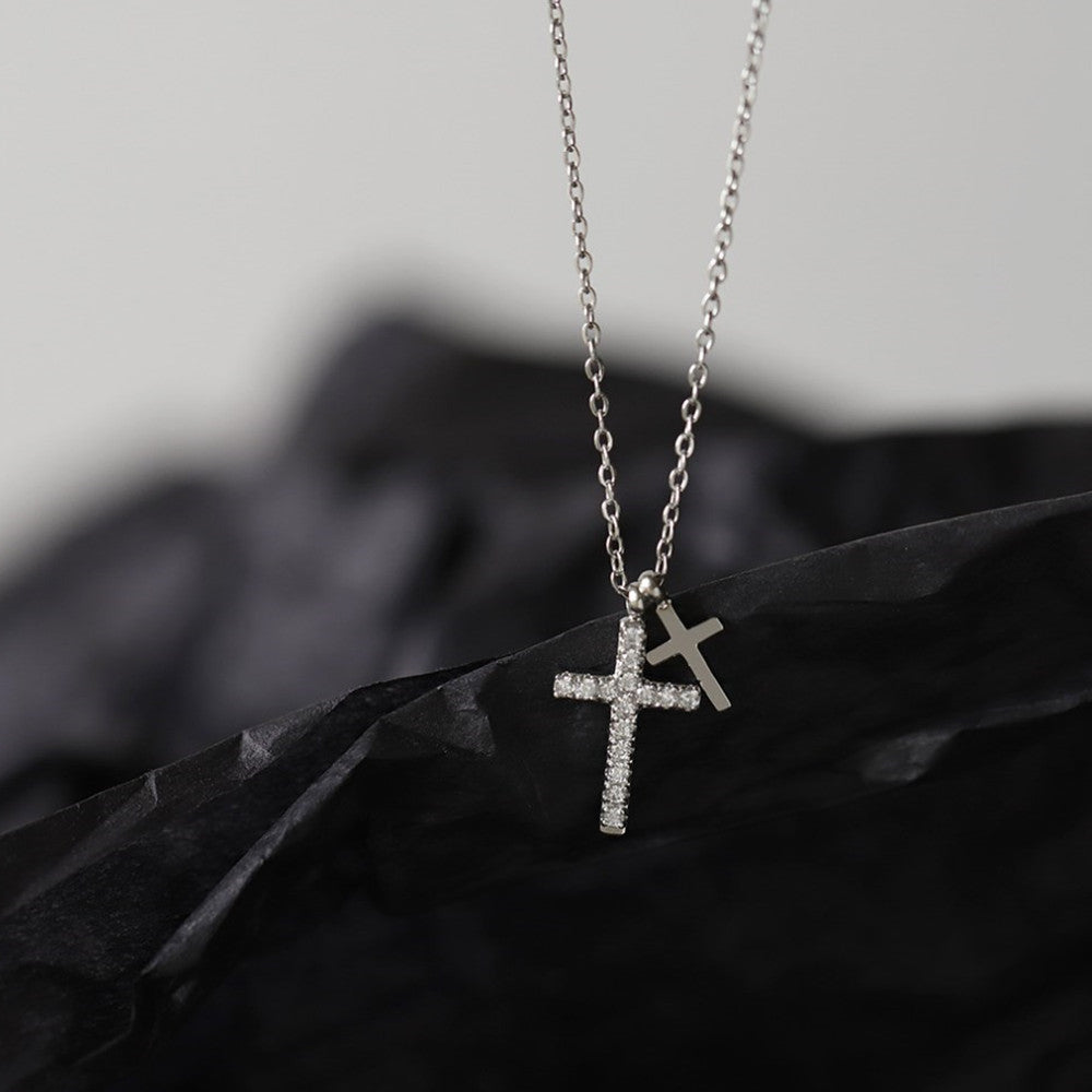 16" Silver Zircon Cross With Small Cross Pendant Necklace, Titanium Steel CZ Micro Pave Cross Necklace AL1061