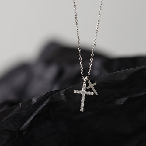 16" Silver Zircon Cross With Small Cross Pendant Necklace, Titanium Steel CZ Micro Pave Cross Necklace AL1061