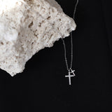 16" Silver Zircon Cross With Small Cross Pendant Necklace, Titanium Steel CZ Micro Pave Cross Necklace AL1061