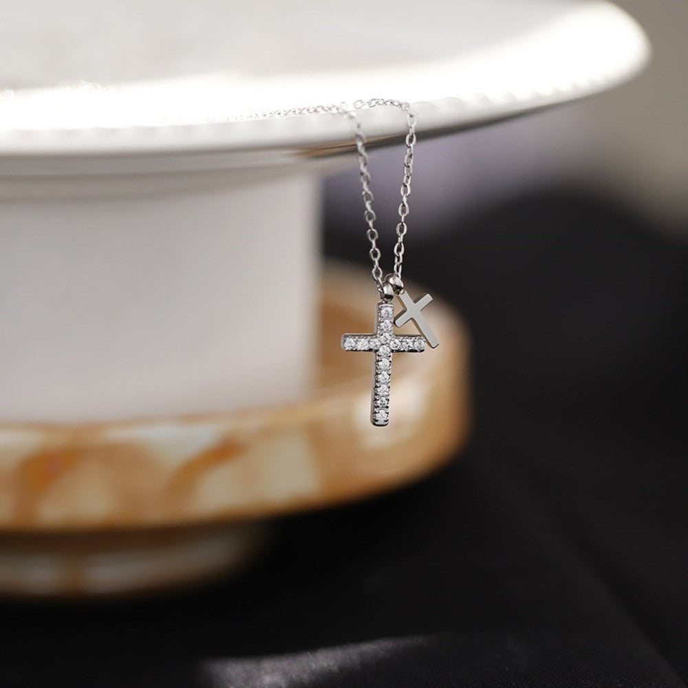 16" Silver Zircon Cross With Small Cross Pendant Necklace, Titanium Steel CZ Micro Pave Cross Necklace AL1061