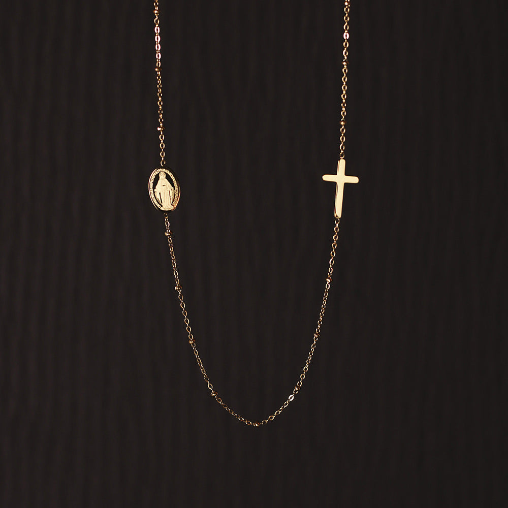 Gold Cross With Virgin Mary Coin 16" Chain Necklace, Titanium Steel Jewelry Necklace AL1063