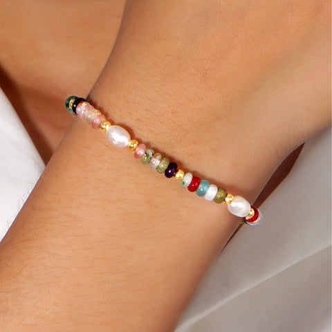 Bohemian Rainbow Natural Stone Beads & White Pearl Bracelet, Handmade Boho Jewelry, Back to School Bracelet AL1065