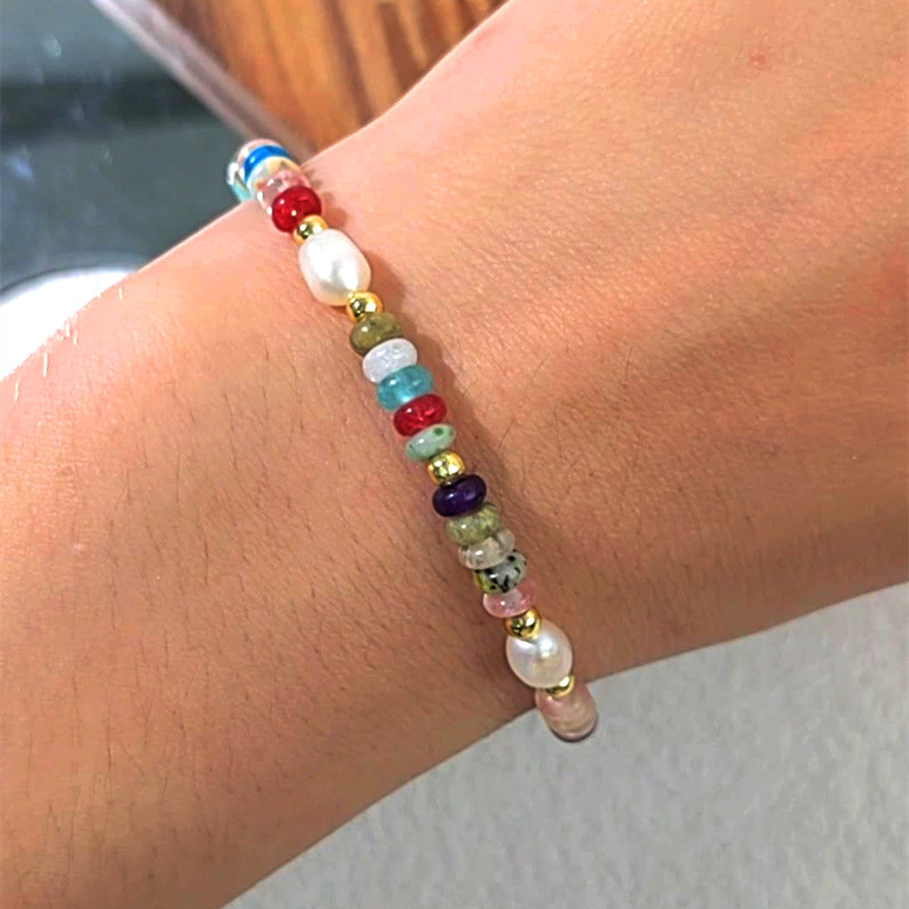 Bohemian Rainbow Natural Stone Beads & White Pearl Bracelet, Handmade Boho Jewelry, Back to School Bracelet AL1065