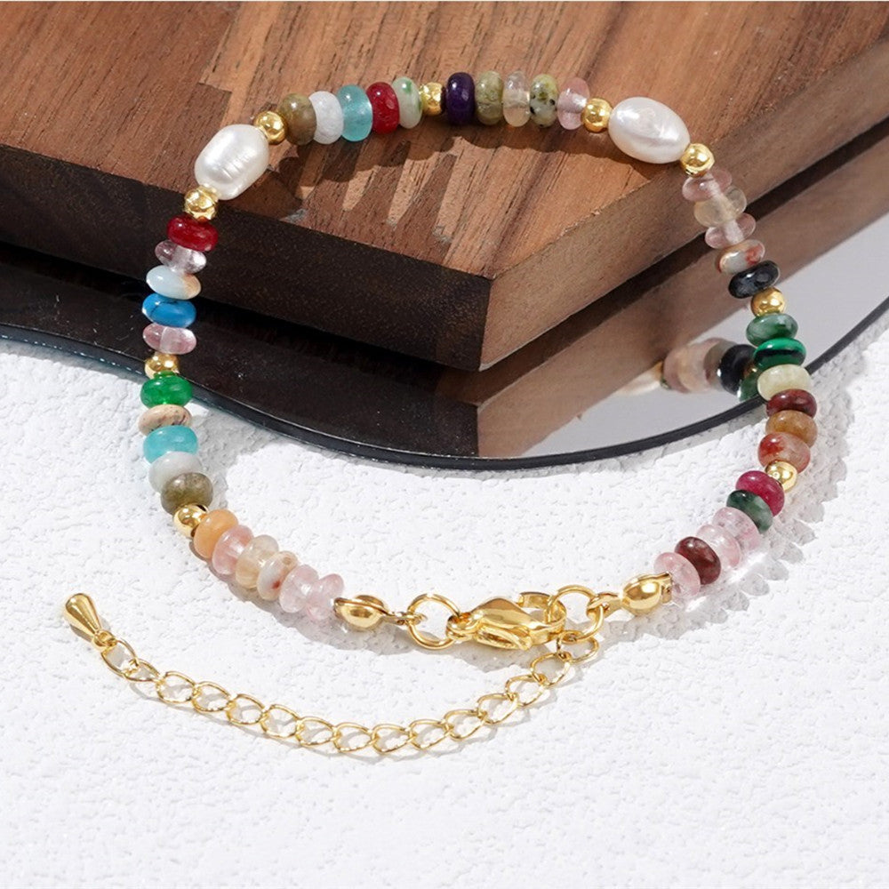 Bohemian Rainbow Natural Stone Beads & White Pearl Bracelet, Handmade Boho Jewelry, Back to School Bracelet AL1065