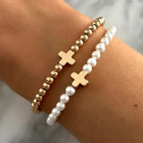 1 Set of Gold Cross Hematite & Pearl Beads Stacked Stretch Bracelets, Handmade Boho Jewelry Bracelet AL1066