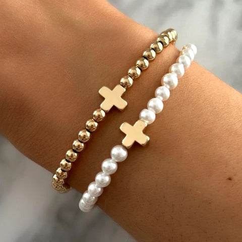 1 Set of Gold Cross Hematite & Pearl Beads Stacked Stretch Bracelets, Handmade Boho Jewelry Bracelet AL1066