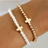 1 Set of Gold Cross Hematite & Pearl Beads Stacked Stretch Bracelets, Handmade Boho Jewelry Bracelet AL1066