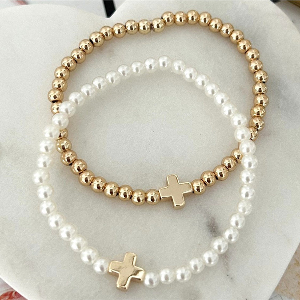 Gold Cross Hematite & Pearl Beads Stretch Stacked Bracelet Set, Handmade Boho Jewelry Bracelet AL1066