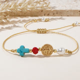 Blue Howlite Cross With Gold Cross Coin & Pearl Beads Bracelet, Adjustable, Handmade Women Bracelet AL1067