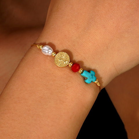 Blue Howlite Cross With Gold Cross Coin & Pearl Beads Bracelet, Adjustable, Handmade Women Bracelet AL1067