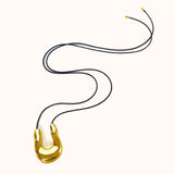 Big Gold U-Shape Horseshoe & Irregular Heart Pendant Leather Chain Long Necklace, Adjustable Knot Necklace, Exaggerated Boho Jewelry AL1069