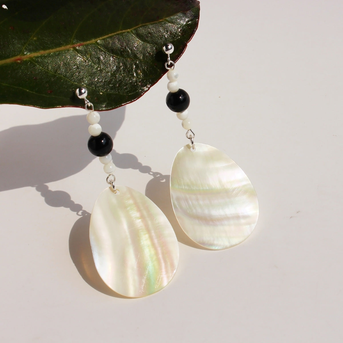 Boho Silver Natural White Shell Long Drop Earrings, 925 Silver Post, Black Agate Jewelry Earring AL1071