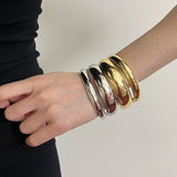 Gold Plated Irregular Smooth Open Bangle Bracelet, Double-Layer Wide Band Bracelet Cuff AL1072