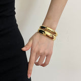 Gold Plated Irregular Smooth Open Bangle Bracelet, Double-Layer Wide Band Bracelet Cuff AL1072