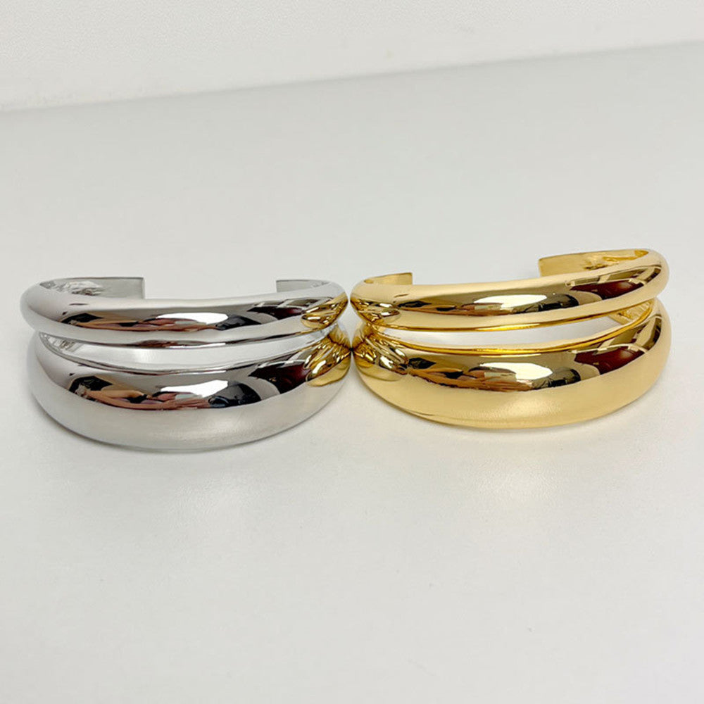 Gold Plated Irregular Smooth Open Bangle Bracelet, Double-Layer Wide Band Bracelet Cuff AL1072