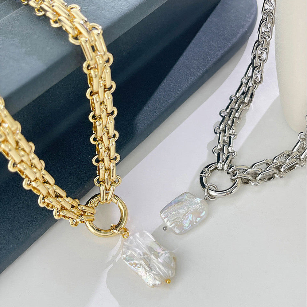 Exaggerated Braided Thick Gold Chain with Baroque Natural Freshwater Pearl Pendant Necklace AL1073