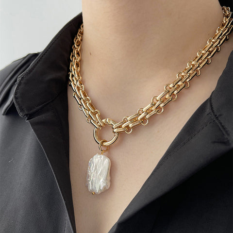 Exaggerated Braided Thick Gold Chain with Baroque Natural Freshwater Pearl Pendant Necklace AL1073