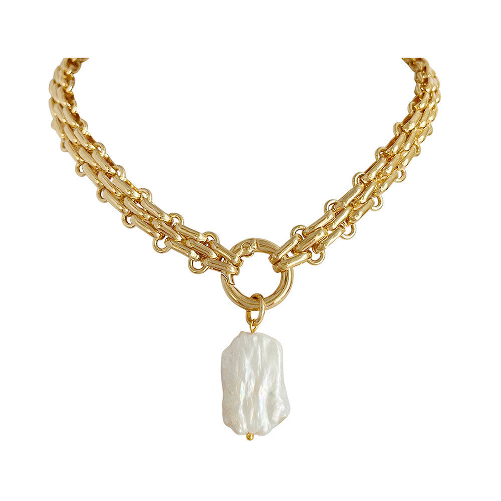 Exaggerated Braided Thick Gold Chain with Baroque Natural Freshwater Pearl Pendant Necklace AL1073