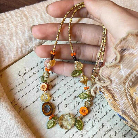 Cottagecore Flower Necklace, Fairycore Czech Glass Beaded Necklace, Floral Nature Necklace, Island Sunset Jewelry Necklace AL1074